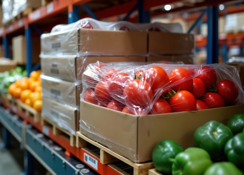 Crates of food wrapped and stored in a distribution warehouse