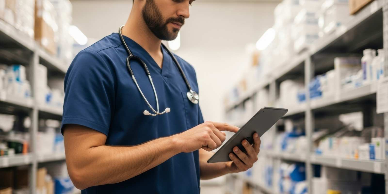 Male Nurse taking inventory in a medical supply storage room