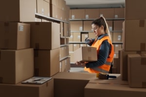Female Warehouse Order Selector Scanning Barcode on A Box