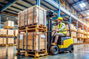 Forklift Driver Transporting Stacked Pallets of Goods in Warehouse