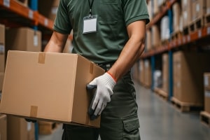 Warehouse Worker Carrying A Cardboard Box