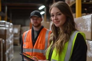 Female Warehouse Worker Using Tablet with Male Coworker