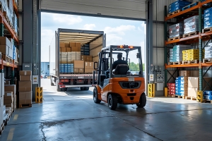 Forklift Operator Loading and Unloading Goods From Truck in Warehouse