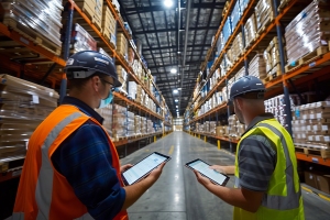 Order Selectors Wearing Hard Hats Checking Warehouse Layout