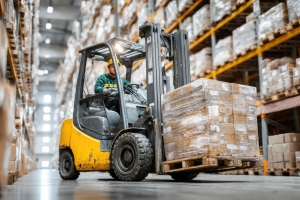 Worker Operating Forklift Carrying Goods in Warehouse