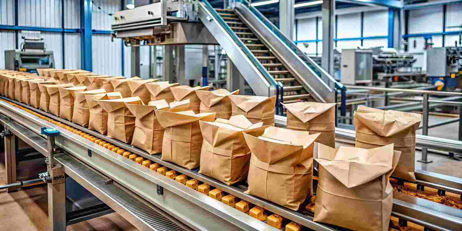 Filled and Sealed Paper Bags on Conveyor Belt in Regional Production and Distributor Factory