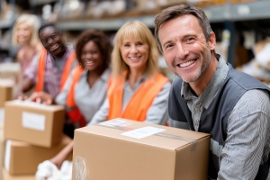 Rapid Response Warehouse Workers Handling Packages with Smile