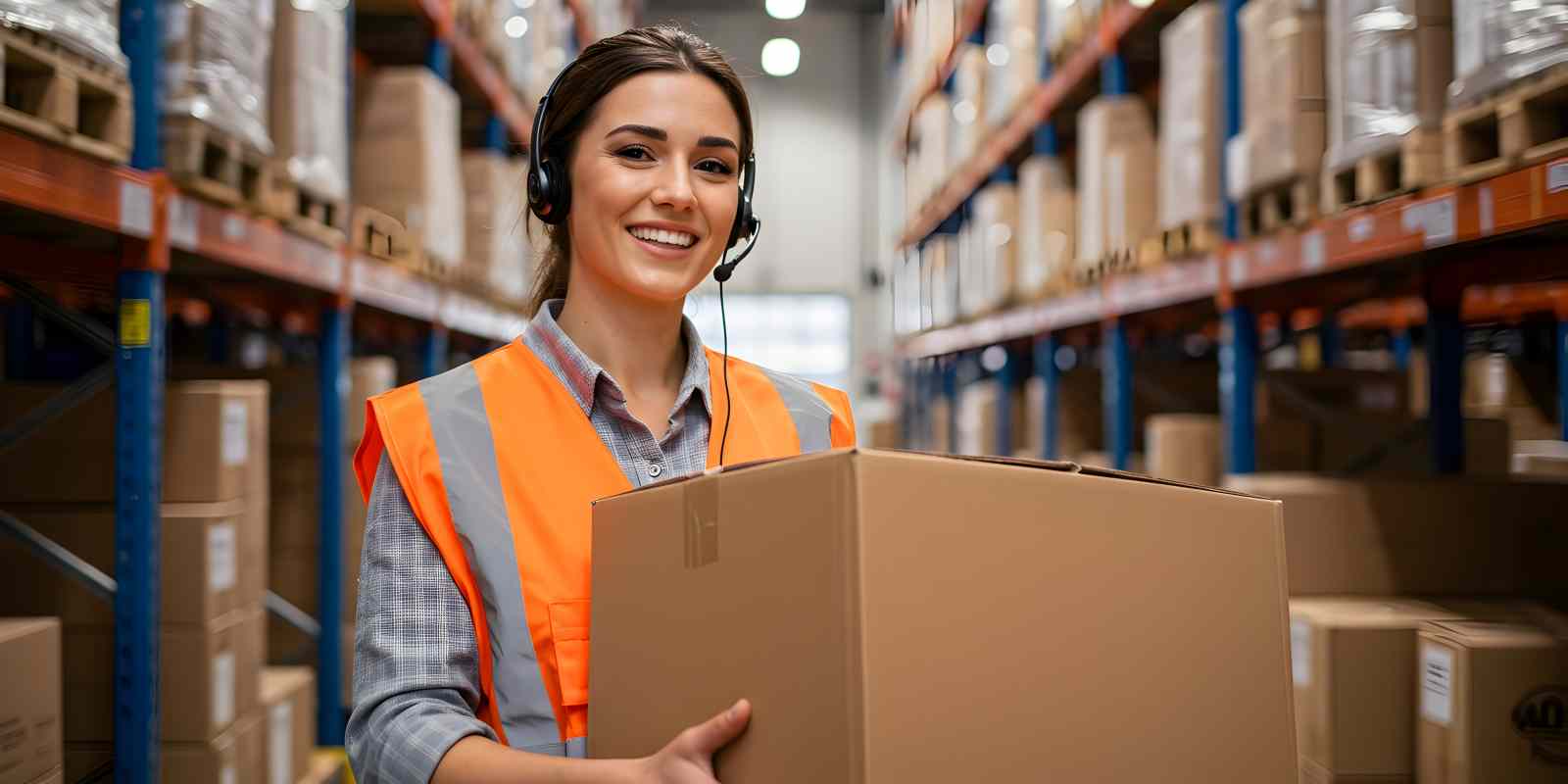 Smiling Warehouse Worker Woman Holding Box