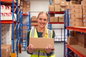 Female Order Selector Holding Box Inside Warehouse