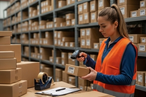 Female Warehouse Order Selector Scanning A Barcode on A Box