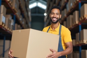 Smiling Warehouse Order Selector Carrying A Box