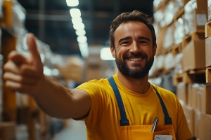 Thumbs Up from Warehouse Worker Representing Positive Employee Engagement