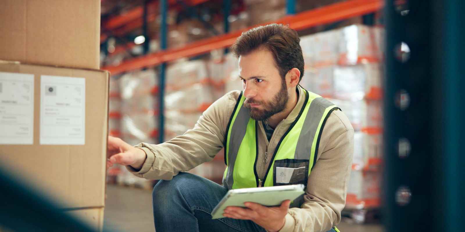 Warehouse Order Selector with Laptop Checking A Box for Delivery