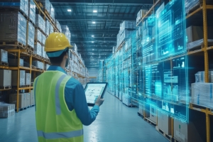 Warehouse Worker Using Technology for Inventory Management