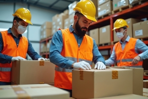 Rapid Response Order Selectors Packing Boxes in Warehouse