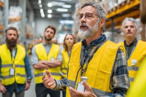 Senior Warehouse Manager in Safety Vest Giving Training to Order Selectors for Better Performance